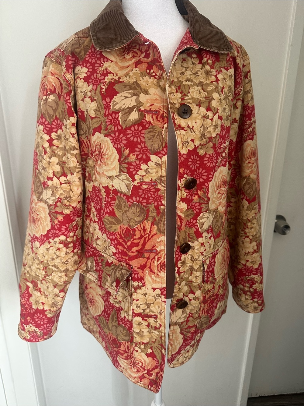 Vintage L.L. Bean Floral Canvas Barn Jacket Chore Coat Rare Red S